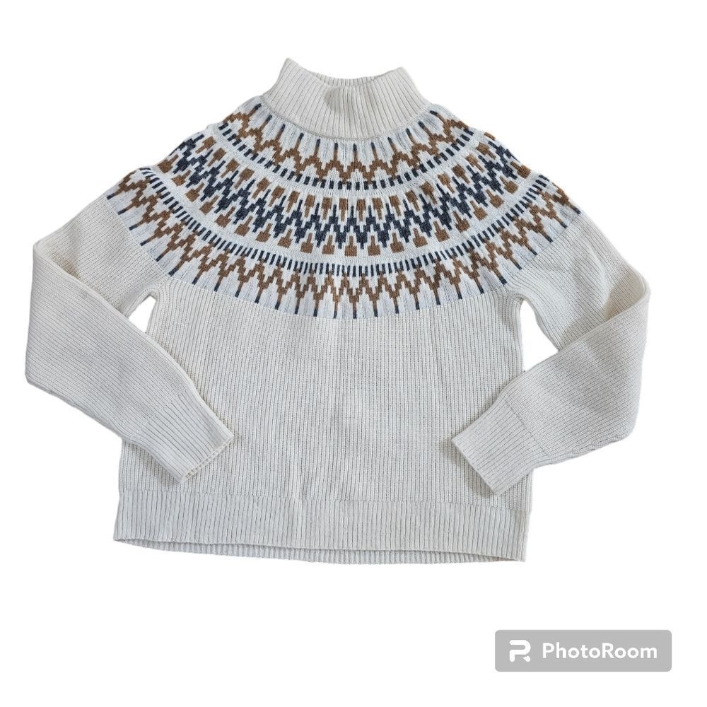 J. Crew Cream Fair Isle Turtleneck Sweater with Blue & Brown Pattern